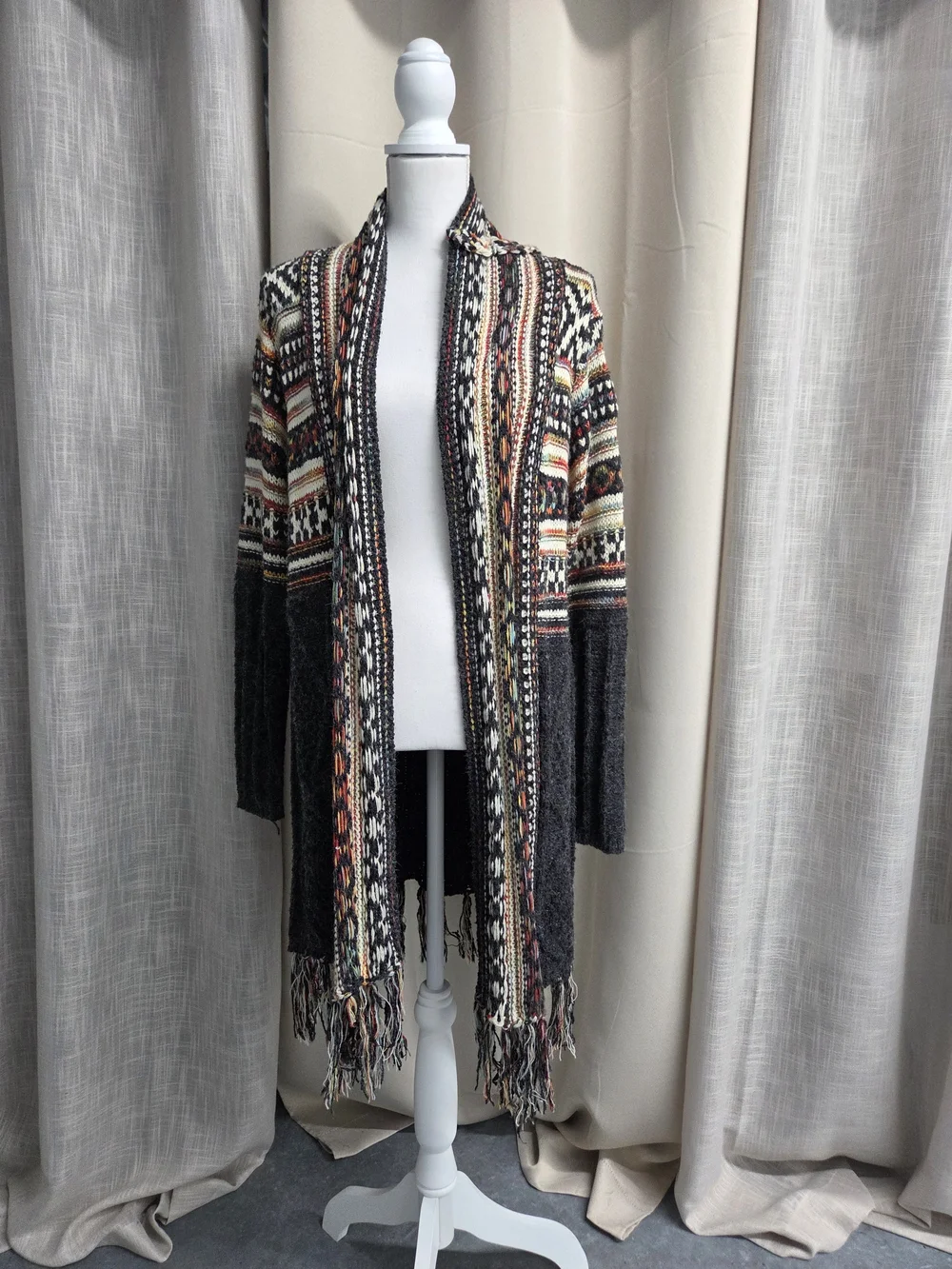 Adora Charcoal Multi Open-Front Fringe Cardigan Boho Size S/M